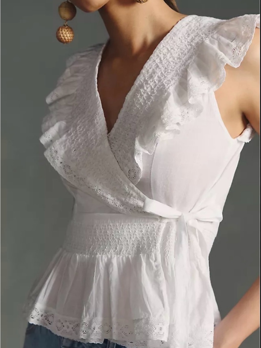 NWT Anthropologie White Eyelet Ruffle Bohemian Wrap Tie Top - Small